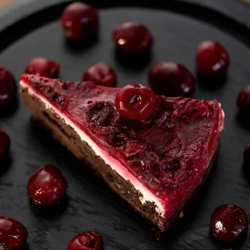 Slice of chocolate cherry cake on black tray. Romantic dessert. Top side view Stock Photos