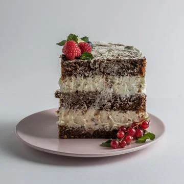 Slice of chocolate sponge cake on a white plate with cream and berries side view Foto stock