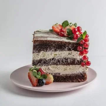 Slice of chocolate sponge cake on a white plate with cream and berries side view Stock Photos