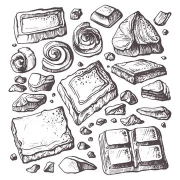 Slice of chocolate. Vector set of isolated shape on white background. Hand dr Illustrazione stock