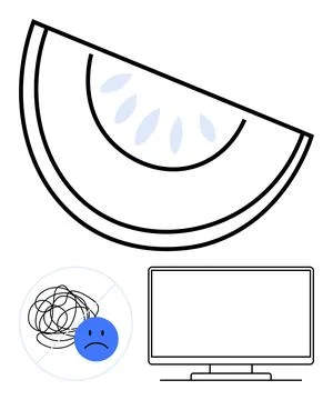 Slice of citrus fruit, sad face with tangled lines, and blank TV screen Stock Illustration