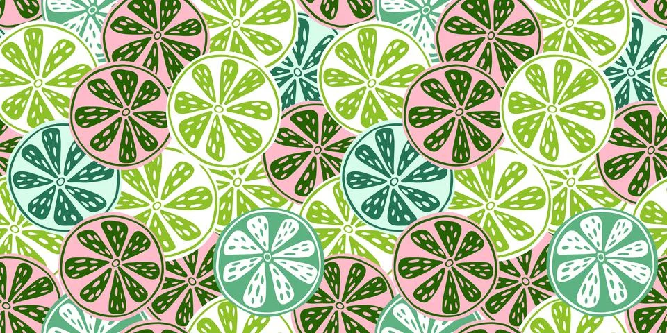 Slice citrus fruits seamless pattern. Tropical summer texture lemons, limes,  Stock Illustration