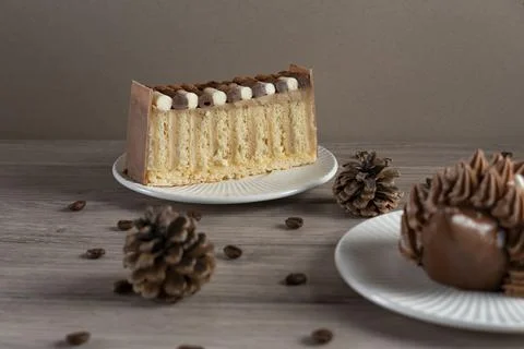 Slice of creamy layer cake with pinecones and chocolate cupcake Stock Photos