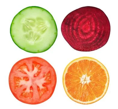 Slice cucumber,tomato,orange and beetroot on white Stock Photos