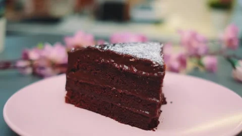 Slice of dark chocolate cake dusted with powdered sugar on pink plate indoors Видео 342885761