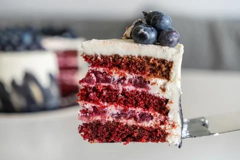 A slice of decadent red velvet cherry layer cake on a metal spatula, with fresh Stock Photos