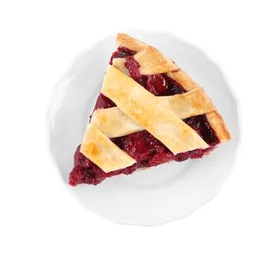 Slice of delicious fresh cherry pie isolated on white, top view Stock Photos