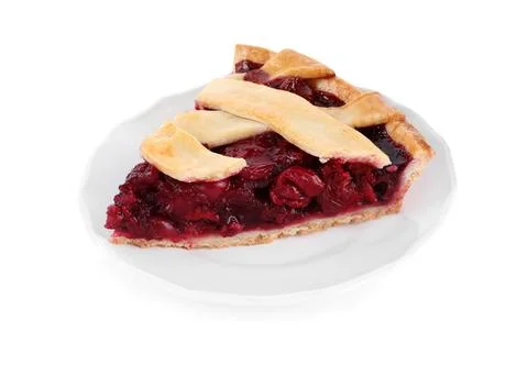Slice of delicious fresh cherry pie isolated on white Stock Photos