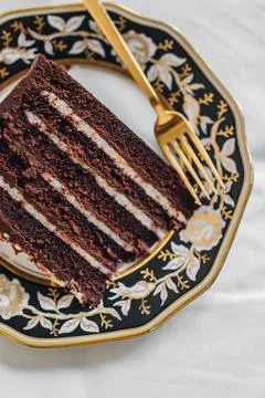Slice of Devil's Food chocolate layer cake Stock Photos