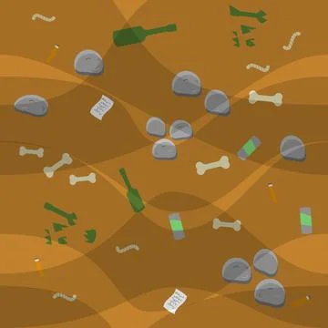 Slice of dirt mixed with garbage: bones, stones, bottles, paper, worms Stock Illustration