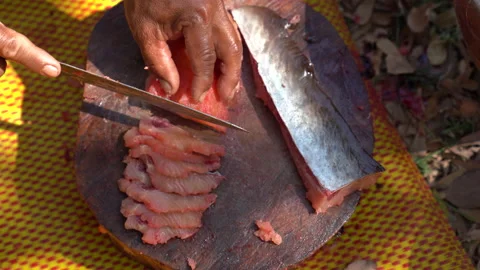 Slice of fish meat for cooking on blurred background Stock Footage 145840898
