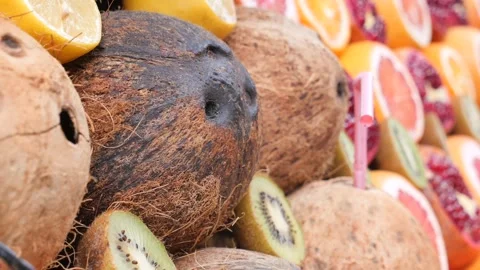 Slice of fresh coconut lined up Stock Footage 253146246
