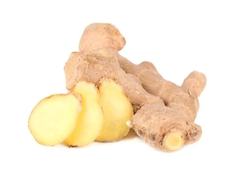 Slice of fresh ginger isolated on white background. Close up Stock Photos