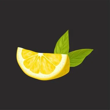 Slice of fresh lemon with leaf vector Illustration on a black background Stock Illustration