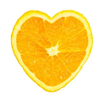 Slice of fresh orange heart shaped isolated on white background Illustrazione stock