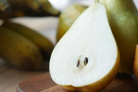 Slice of fresh pears on table close up Stock Photos