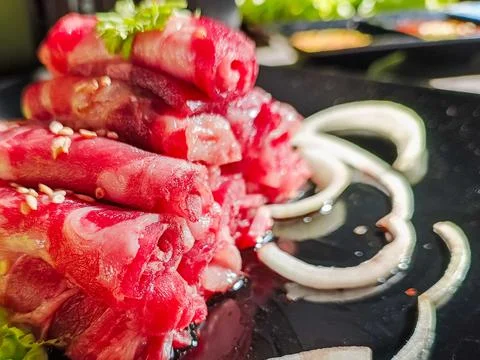Slice of the fresh raw beef for shabu shabu Stock Photos