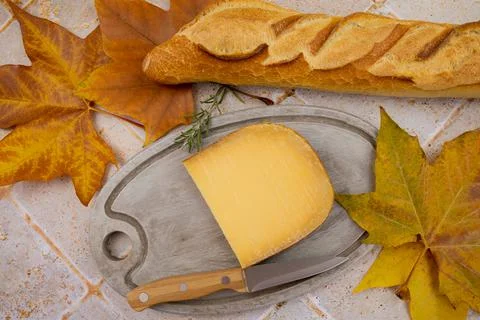 Slice of gouda cheese on a cutting board Foto stock