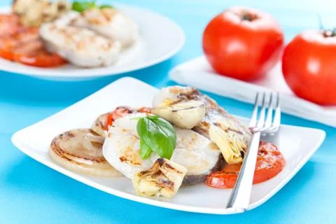 Slice of hake grilled Stock Photos