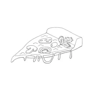 A slice of hand-drawn appetizing pizza. Doodle vector illustration of pizza for Stock Illustration
