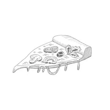 A slice of hand-drawn appetizing pizza. Doodle vector illustration of pizza for Stock Illustration