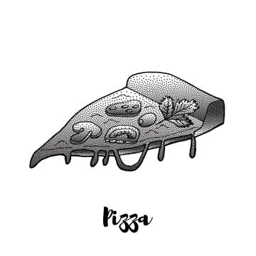 A slice of hand-drawn appetizing pizza. Doodle illustration of pizza for design Illustrazione stock