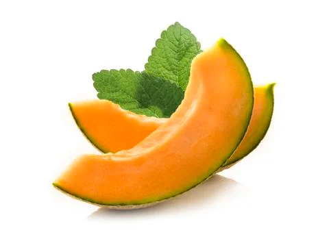 Slice of japanese melons, orange melon or cantaloupe melon with seeds isolate Foto stock
