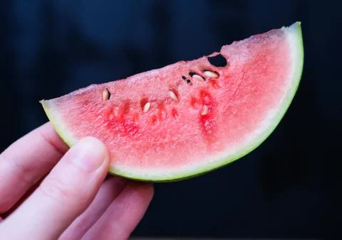 A slice of juicy fresh mini watermelon in a female hand on a dark background. Stock Photos
