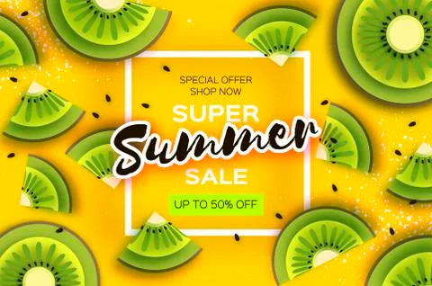 Slice of kiwi. Top view. Kiwi Super Summer Sale Banner in paper cut style Stock Illustration
