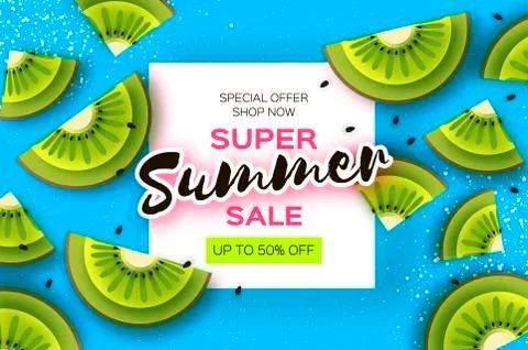 Slice of kiwi. Top view. Kiwi Super Summer Sale Banner in paper cut style Stock Illustration