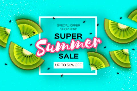 Slice of kiwi. Top view. Kiwi Super Summer Sale Banner in paper cut style Stock Illustration