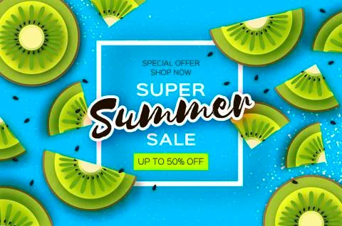 Slice of kiwi. Top view. Kiwi Super Summer Sale Banner in paper cut style Stock Illustration