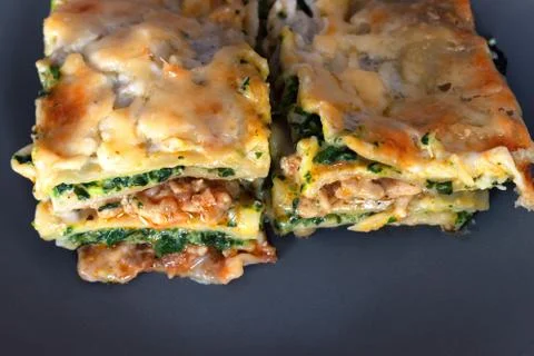 Slice of lasagna isolated on gray background Stock Photos