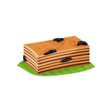 Slice of layered cake Quay Lapis with prunes on green leaf. Delicious Indonesian Stock Illustration