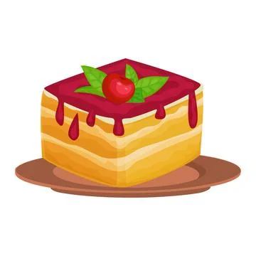 Slice of layered cake with red icing and a cherry on top. Sweet dessert and Stock Illustration