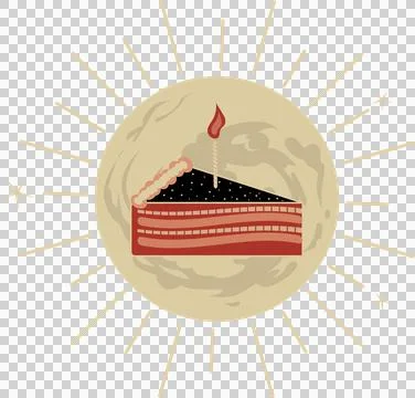 Slice of layered cake is resting in flat design with moon, lit candle, Stock Illustration
