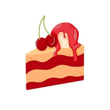 Slice of layered cherry cake with red filling, topped with cherries and dripping Stock Illustration