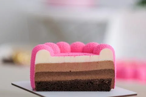 Slice of layered mousse dessert with pink velvet spray. Appetizing confection Stock Photos