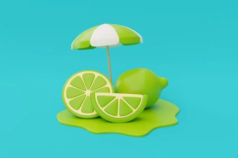 Slice of lemon with beach umbrella isolate on blue background, summer fruits, Stock Illustration