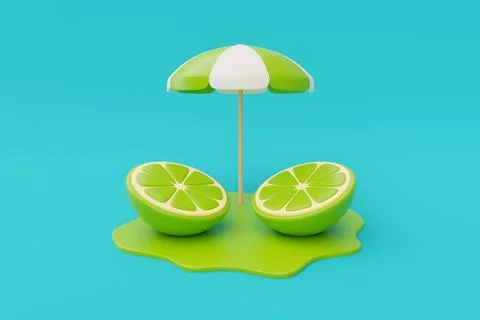 Slice of lemon with beach umbrella isolate on blue background, summer fruits, Stock Illustration