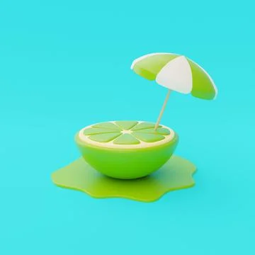 Slice of lemon with beach umbrella isolate on blue background, summer fruits, Stock Illustration