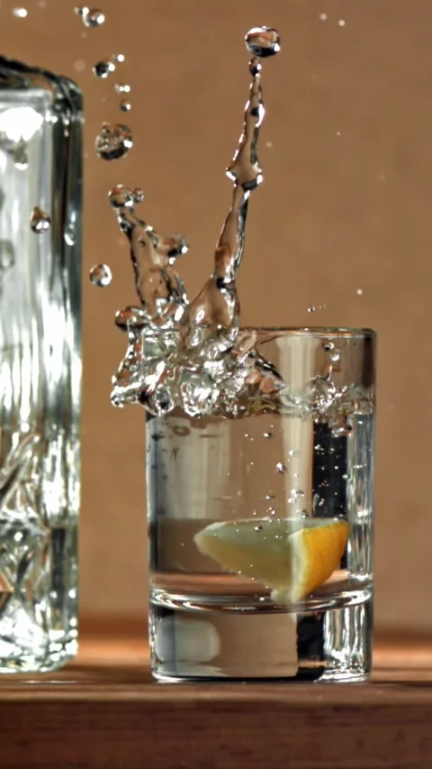 A slice of lemon falls into a glass of vodka. Filmed on a high-speed camera at Stock Footage 335366655
