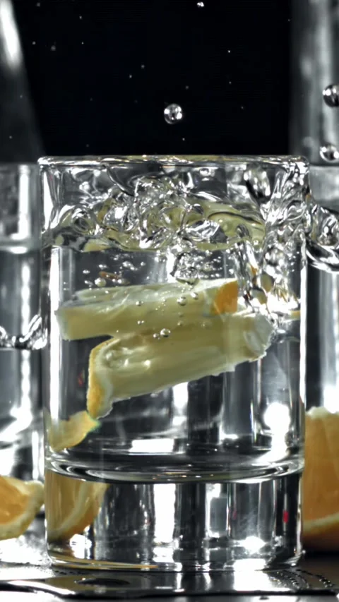 A slice of lemon falls into a glass of vodka. Filmed on a high-speed camera at Stock Footage 335373893