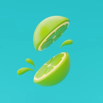Slice of lemon floating isolate on blue background, summer fruits, 3d renderi Stock Illustration