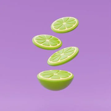 Slice of lemon floating isolate on purple background, summer fruits, 3d rende Stock Illustration