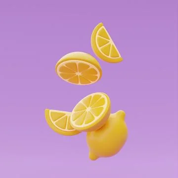 Slice of lemon floating isolate on purple background, summer fruits, 3d rende Illustrazione stock