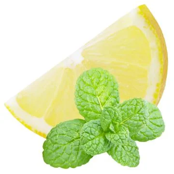 Slice lemon fruit with mint leaves isolated on white Stock Photos