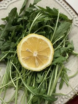 A slice of lemon placed on a bed of fresh arugula leaves Stock Photos