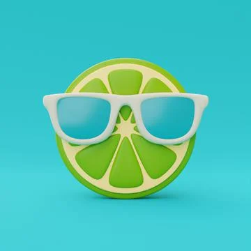 Slice of lemon with sunglasses isolate on blue background, summer fruits, 3d  Stock Illustration
