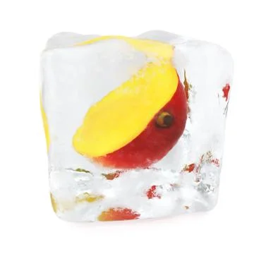 Slice Mango frozen in ice cube, ice cube in front view, single ice cube isolated 스톡 일러스트